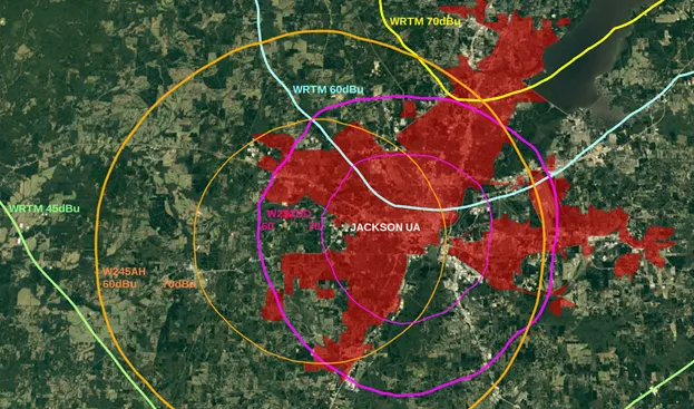 Map showing the 70, 60 and 45 dBu contours of WRTM-FM and the 60 and 70 dBu contours of two translators serving Jackson, Mississippi.