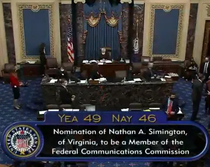 Senate floor, nomination of Nathan A. Simington, of Virginia, to be a Member of the Federal Communications Commission. Yea 49, Nay 46.